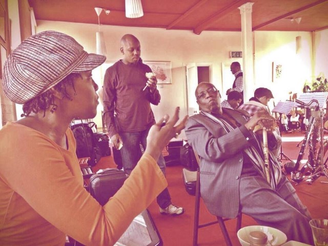 Carleen reasons with librettist Mike Phillips during rehearsals.