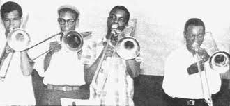 Playing with Sonny Bradshaw's band: l to r Rupert Anderson, Carlos Malcolm, Don D, Rico Rodrigues